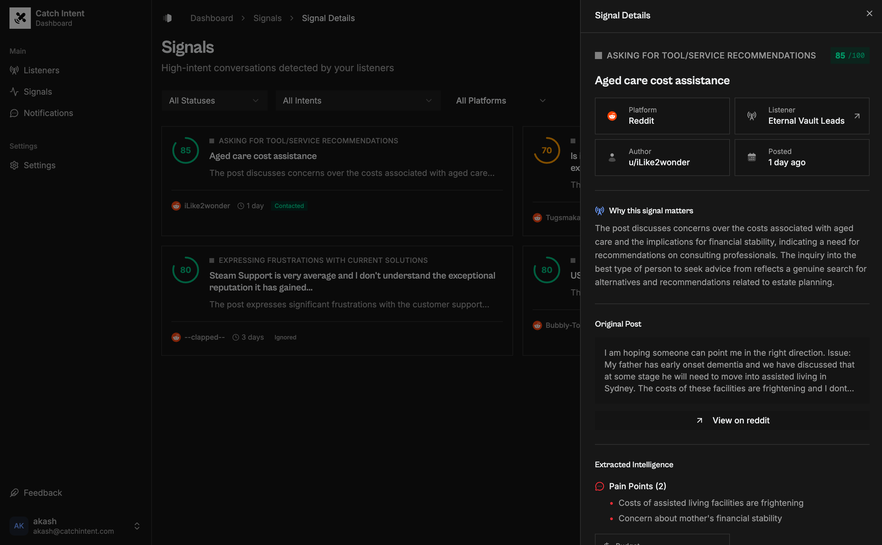 CatchIntent Dashboard - Monitor buying intent signals in real-time